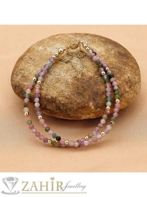 Двойна гривна за ръка или глезен от естествен разноцветен турмалин 3 мм топче и стоманени елементи, закопчалка и удължител - GA3127